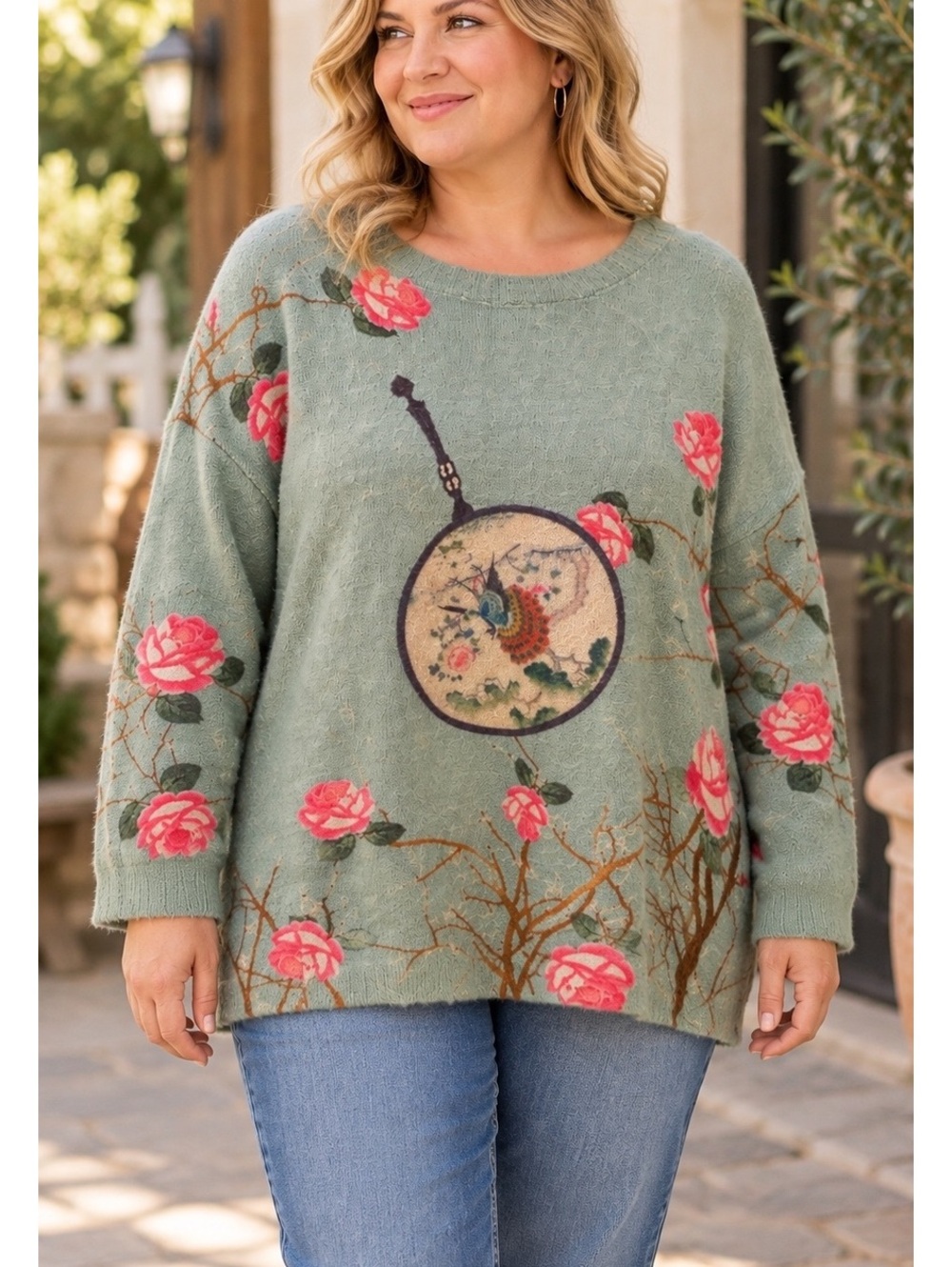YESNO Oversized Wool Cotton Floral Sweater XL-2X Sage Rose Bird Art Tunic Boho